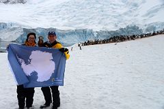 02 Charlotte Ryan, Dangles And Jerome Ryan Set Foot On The Antarctica Mainland At Neko Harbour With A Huge Glacier And Penguins Behind On Quark Expeditions Antarctica Cruise.jpg